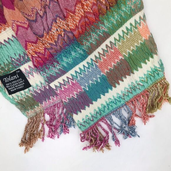 Tolani Multicolored Stripe ZigZag Pattern Ruched Fringe Scarf - Picture 10 of 12